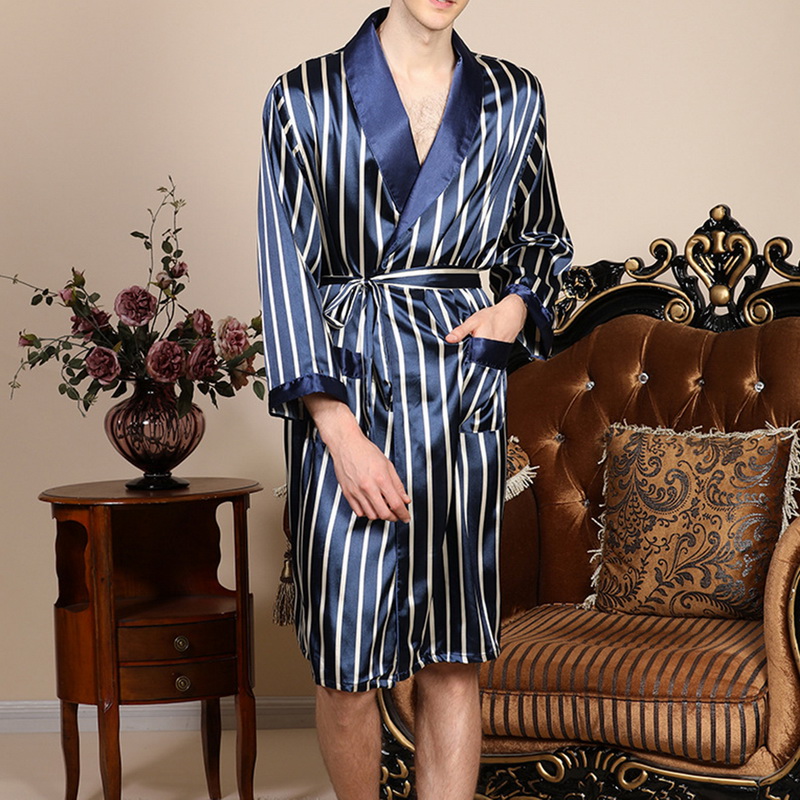 

Mens Silk Satin Pajamas Pajama Pyjamas Robe Long Sleeves Bathrobe Silk Kimono Stripe Sleepwear Robe Bathrobe Night Dressing Gown, Blue