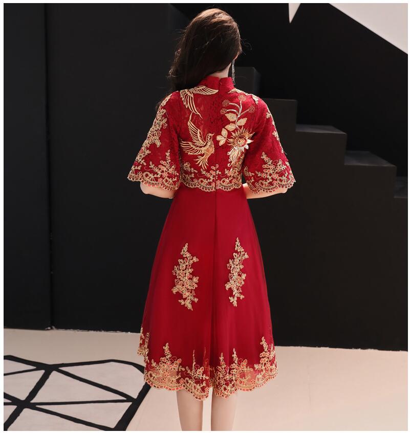 

Chinese Dream Show Clothing Simple Pregnant Women Dress Luxury Lace Embroidery Wedding Dresses Sweetheart Elegant Vestido Bride, Mid length wine red