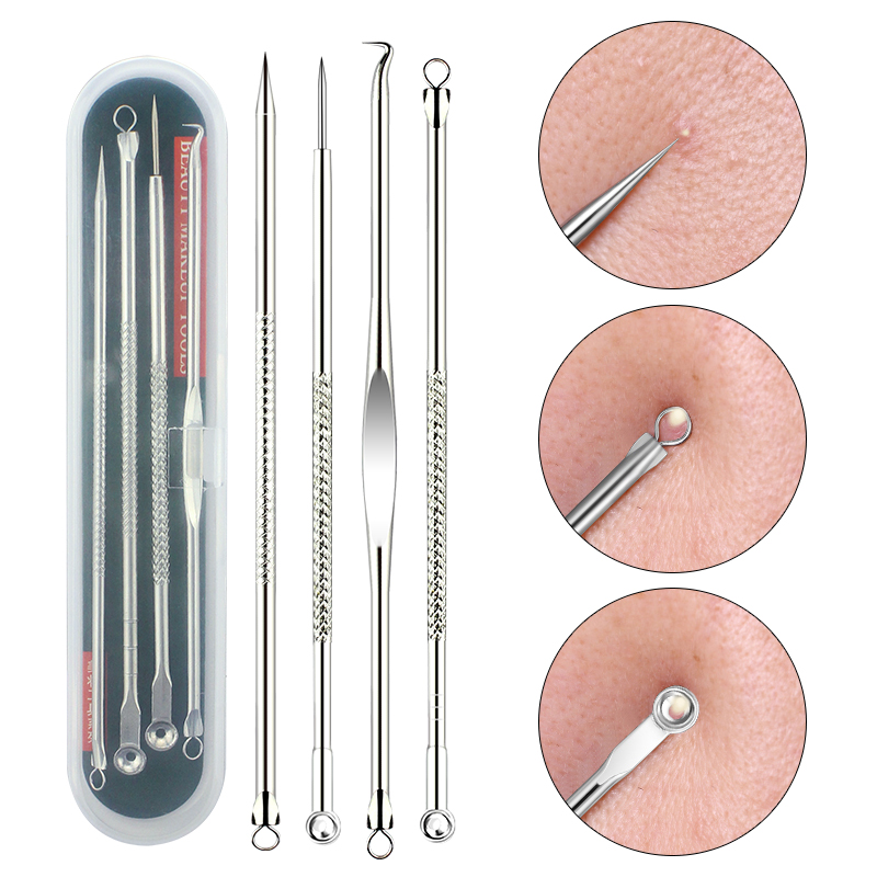 

4Pcs Acne Needle Kit Stainless Steel Extractor Blackhead Remover Pimple Blemish Treatments Face Skin Care Beauty Tools