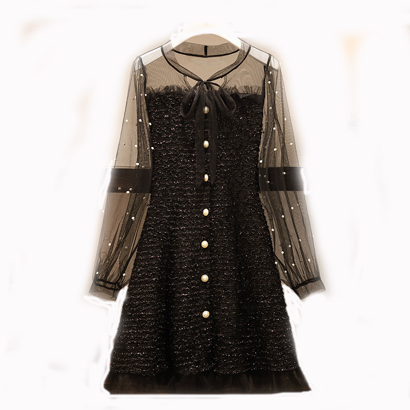 Women's Clothing Elegant Dresses New 2020 Spring and Autumn Black Bow Collar Beading Mesh Long Sleeve Tweed Plus Size Dress