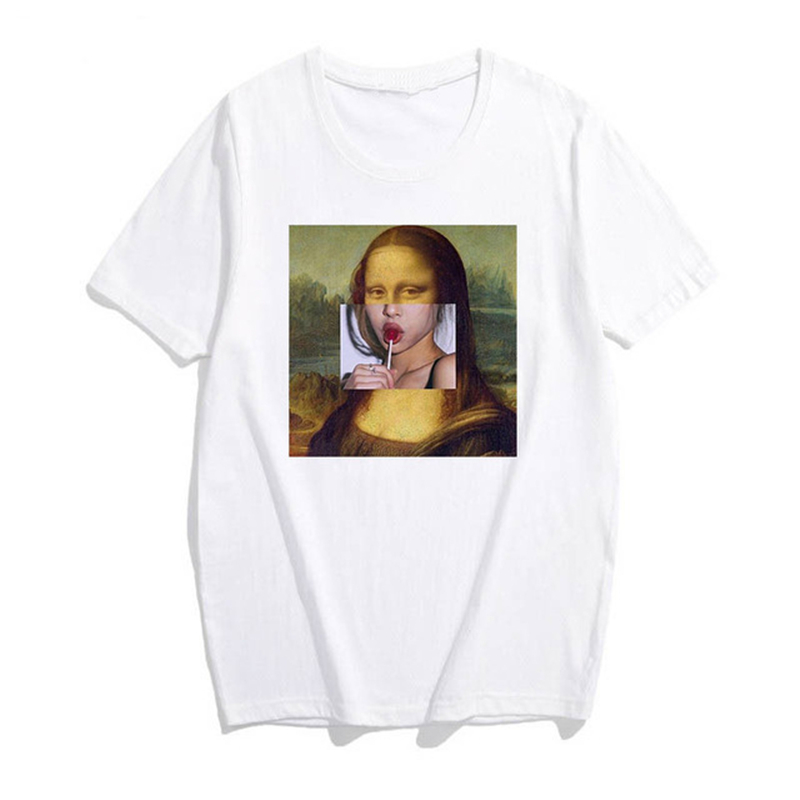 

Mona Lisa cartoon fun fashion print T-shirt personality fashion Harajuku New summer casual tops, Wtq0193-white