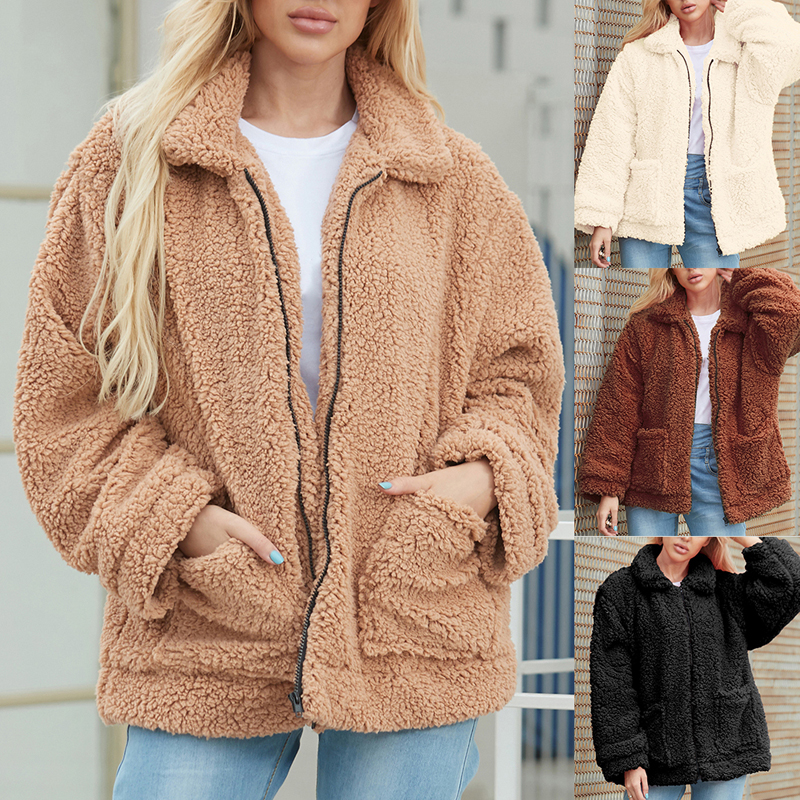 

Vertvie Women Casual Warm Faux Shearling Coat Jacket Autumn Winter Long Sleeve Lapel Fluffy Fur Outwears Solid Turn-down Coolars, Beige
