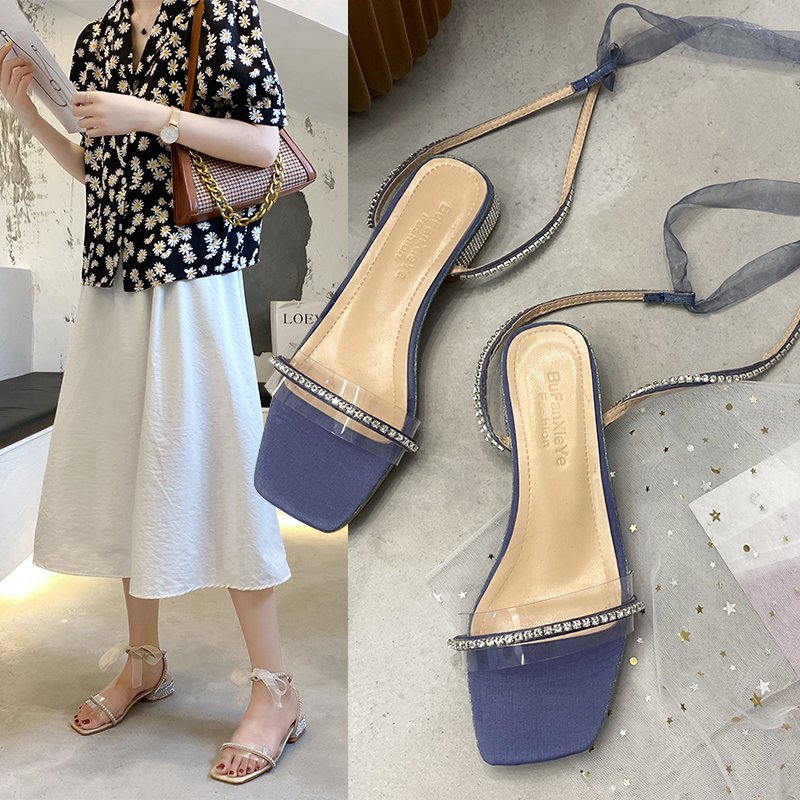

Ribbon Sandals Women 2020 Spring Summer Fashion New Sandals Open Toe Rhinestone Thick Heel Low Heel Sexy Women's Shoes Z785, Blue