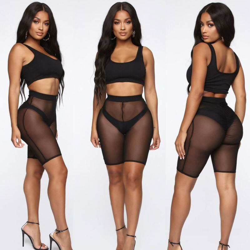 

4 Colors Mesh Shorts Women See-through Beach Swimwear Cover Ups New High Waist Pure Color Bikini Cover Ups Bathing Shorts, Black