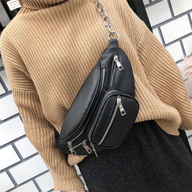 

PU Fashion Black Faux Leather Waist Bag Creative Function Cell Phone Belt Bag Fanny Pack Bum Women Men Diagonal Shoulder