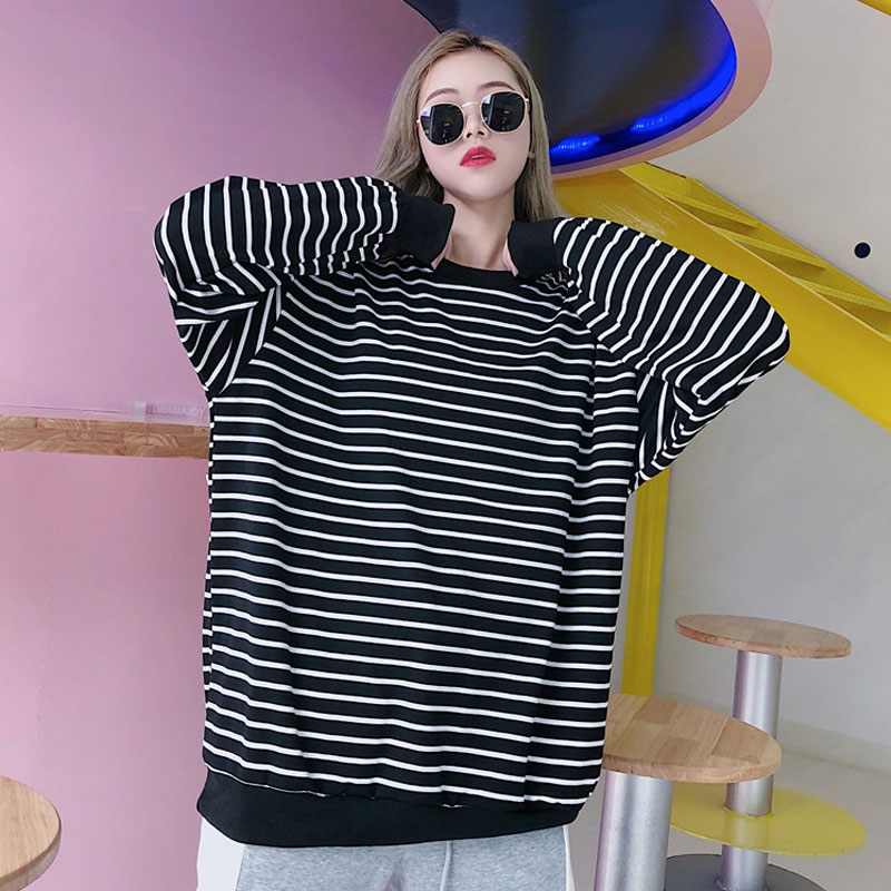 

Hoodies Women Elastic Cuff Hem O-Neck Striped Loose Retro Chic Korean Style Harajuku Soft Trendy Sweatshirts Womens All-match, Black