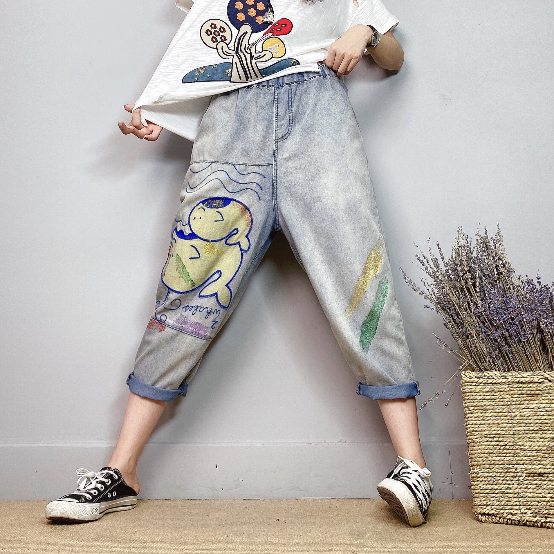 

Dark Blue Silk Pasted Cloth Loose Thin Elastic Waist Harlan Female Trousers Bk4810