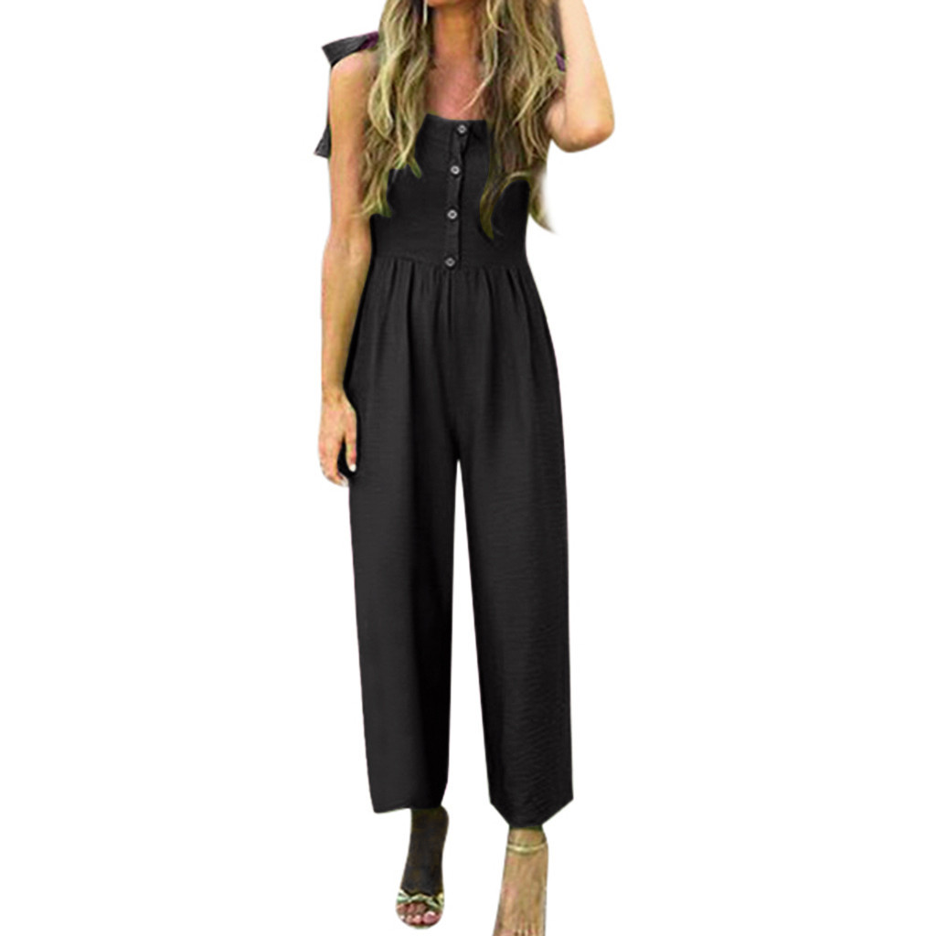 

2019 New Fashion Womens Casual Summer Solid With Buttons Shoulder Strap Bandagws Casual Jumpsuit High Quality Gift, Black