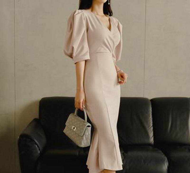 

2020 summer Women short Sleeve V Neck Solid Slim Long Dress Casual Elegant Bodycon Mermaid Dress, As picture