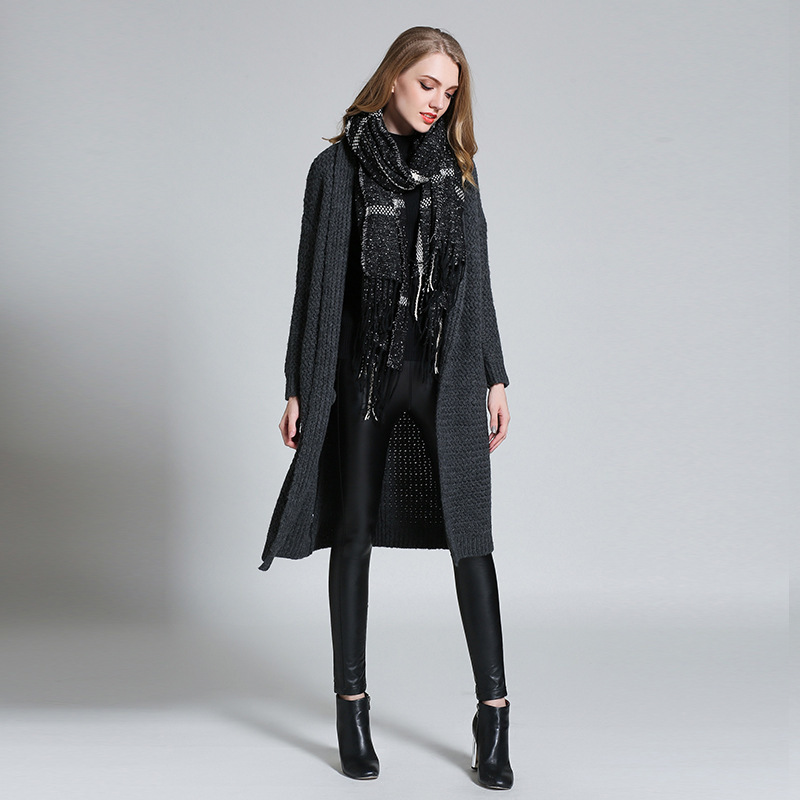 

2019 Spandex Formal Top Jumper Poncho Pullover Autumn And Winter New Pattern Long Fund Knitting Loose Coat Sweater Fat Mm Woman, Black