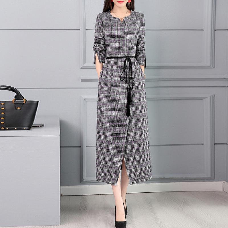 

Elegant Women' Dress Brit Graphics Mid-Calf Dress Long Sleeve Retro Spring Korean Japanese Plaid Office Ladies Split, Black