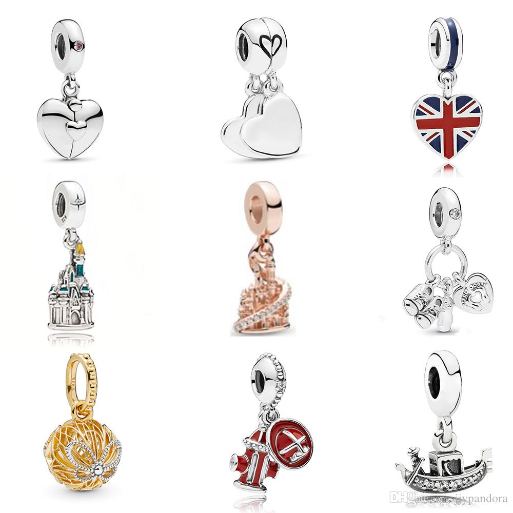 FAHMI 925 Sterling Silver Holiday Castle Charming Charm Charming Baby Boat Firefighter Family British Flag Butterfly Rose Gold Casting
