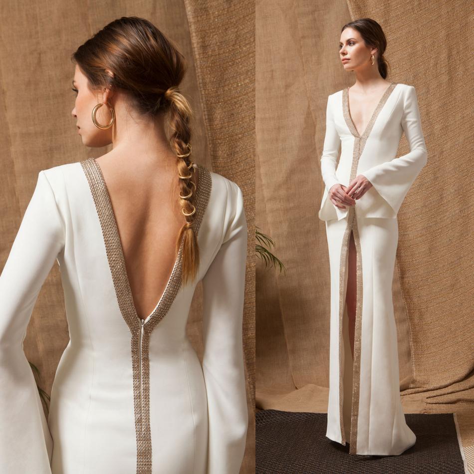 

2019 White Prom Dresses Deep V Neck Beaded Floor Length Long Sleeves Mermaid Evening Gowns Sexy V Back Satin Formal Party Dress Wear, Green