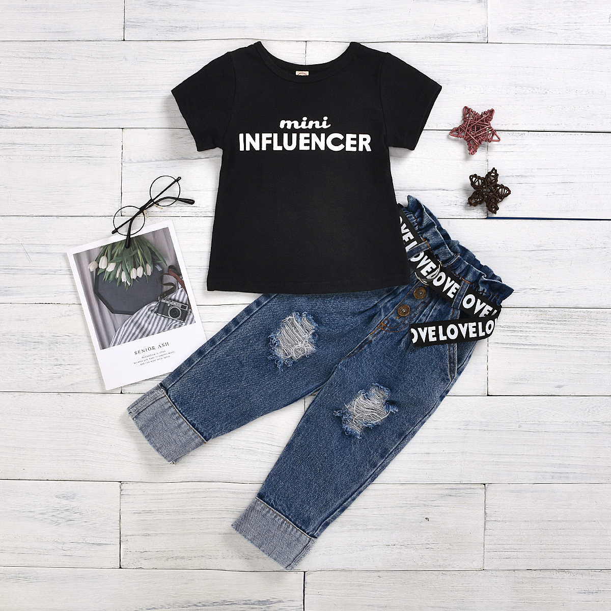 

2020 Summer Toddler Baby Kids Girl Clothes Tops T-Shirt Denim Pants Jeans Outfits 2Pcs/Set Clothes, Black