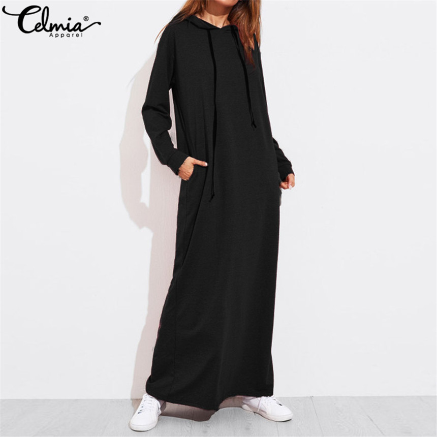 Celmia Plus Size femmes Maxi robe à capuchon Sweat-shirt Femme Automne manches longues Sweats à capuche Pull d'hiver Vestido Robe Femme MX200506
