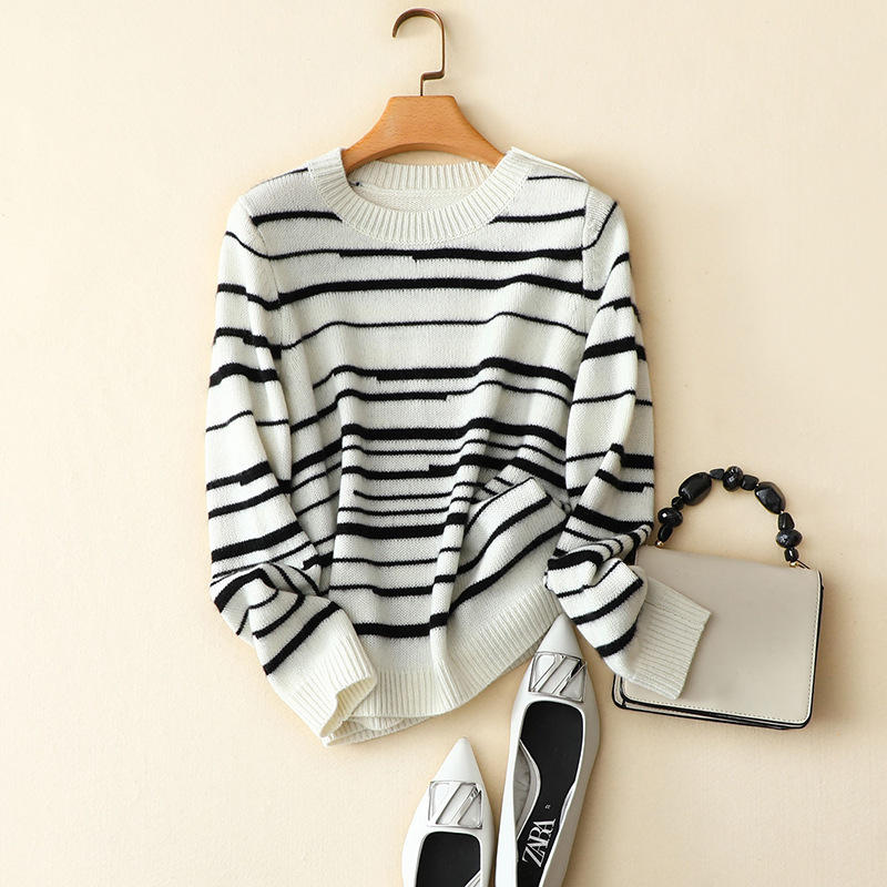 

100% cashmere striped sweaters female crew neck long sleeve jumper knitted high quality elegant shoulder buttons winter pullover, Ivory
