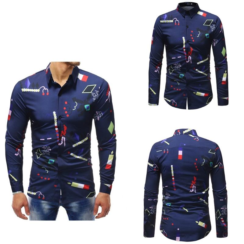 

Fashion Mens Shirts Printed Long Sleeve Collar Slim Fit Blue Color Single Breasted Casual Shirt