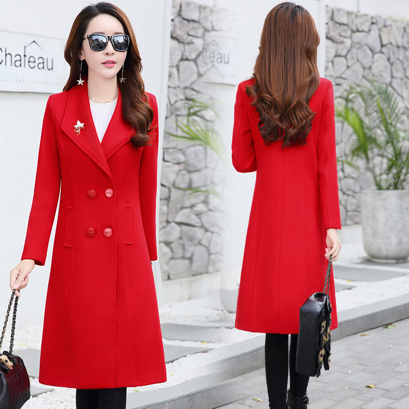 

High quality thick woolen coat women's winter new long section over the knee Korean version of the slim slim woolen coat, Pink