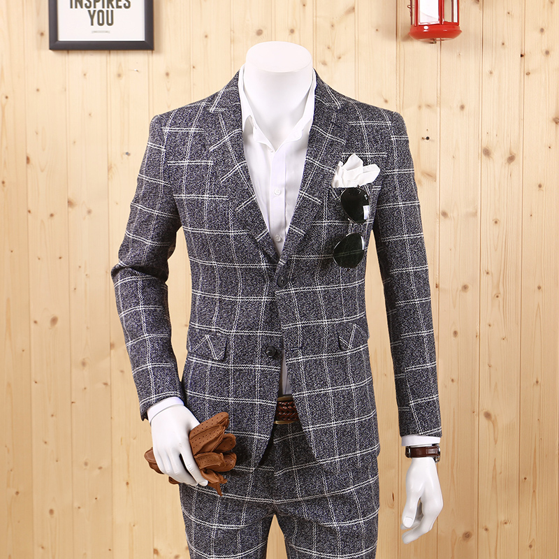 

Men Thicken Grey Formal Suit Jacket Plaid Autumn Winter Warm Fashion Blazer Single Breasted Collar Casual Wedding Groom Wear