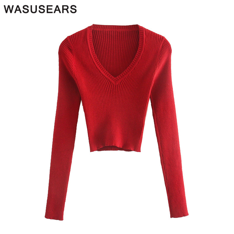 

Summer clothes for women 2020 casual knitted v-neck pullover solid color sweater women long sleeve cropped sweaters for, Green
