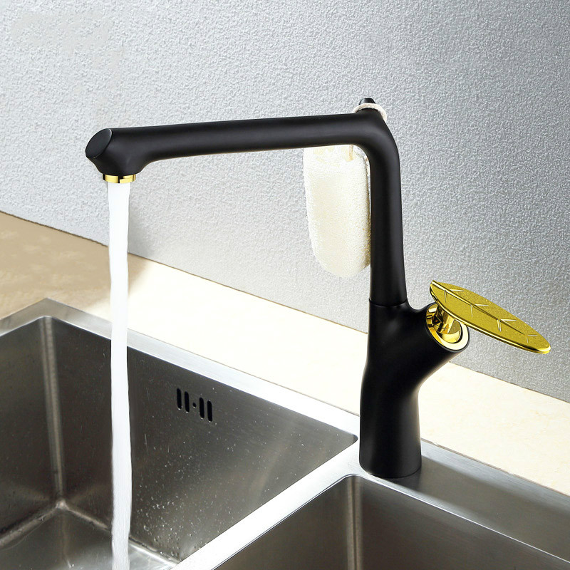 

Black + Golden Color Kitchen Faucet Mixer Dual Sink Rotation Water Tap Leaf Design Single Handle Brass Faucet With Hook