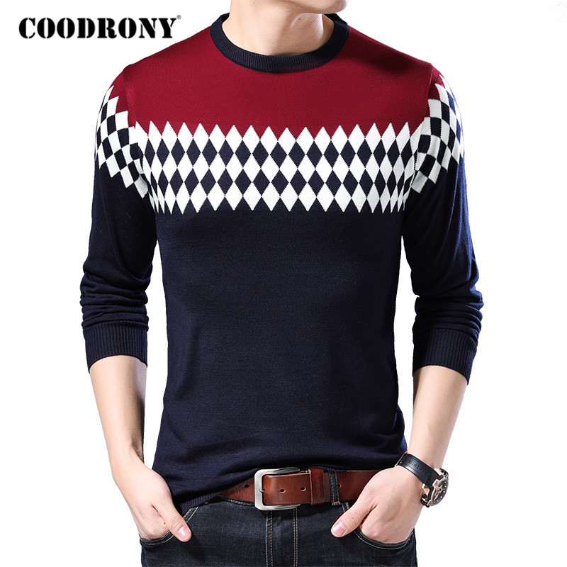 

COODRONY Sweater Men Spring Autumn Casual Knitwear Pullover Shirt Men Clothes Streetwear Fashion Argyle O-Neck Pull Homme C1078, Army green