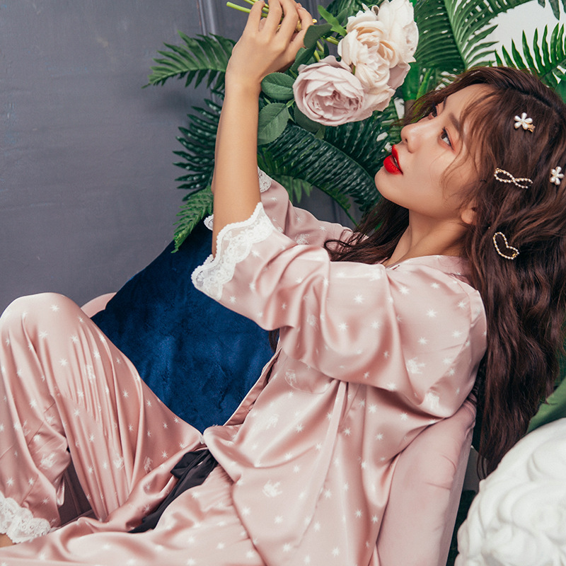 

Latest Sexy Snowflake Pajamas Lace Women Sleepwear Faux Silk Satin Nightgowns Long Sleeve Sleepwear Suit Female Homewear XA151F, Black