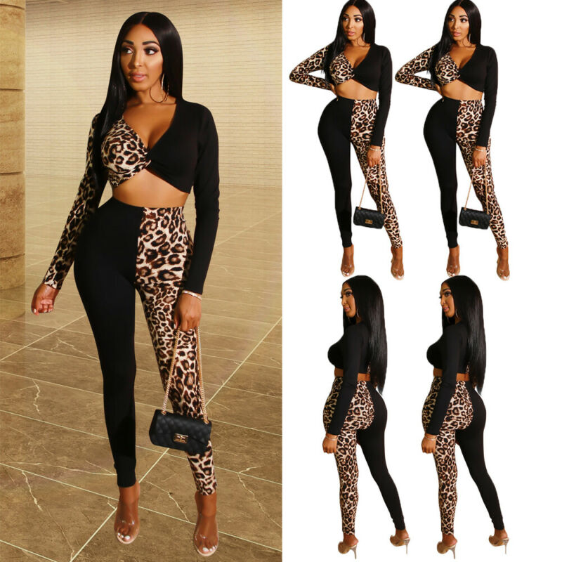 

Women' Ladies Casual Lounge Wear Leopard Printed Knitted Set Suit Tracksuit UK, Black