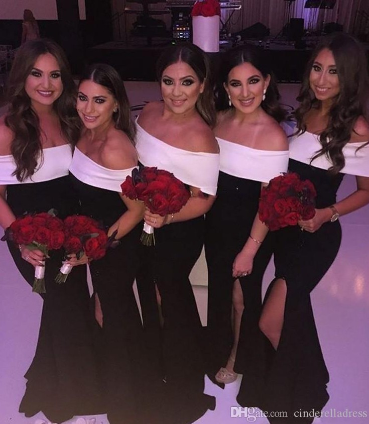 

2020 Black And White Off Shoulder Bridesmaid Dresses Mermaid With Split Maid Of Honor Gowns Plus Size Wedding Guest Formal Dress Cheap