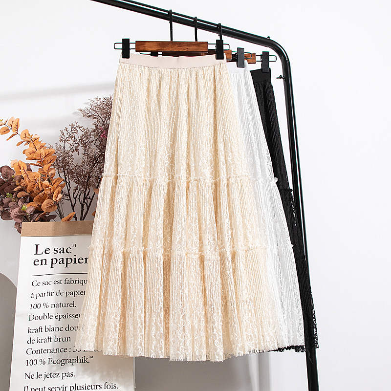 

Spring Summer Lace Skirts Womens White Black High Waist Skirts Womens Faldas Korean Ladies Maxi Long Sexy Pleated Skirt C6197, White skirts