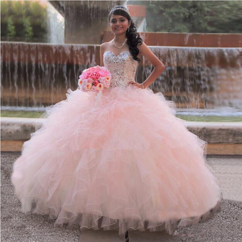 

Sweetheart Crystals Sparkly Pink Quinceanera Dresses Ball Gown Ruffles Gorgeous Sweet 16 Party Dress Vestidos De 15 Anos Girl Prom Dress, Brown
