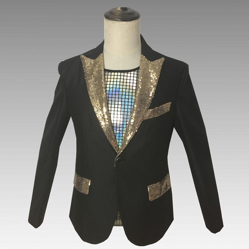 

Fashion Presenter Stage Blazer Jacket Golden Sequin Single Button Male Slim Fit Party Suit Coats New Man Banquet Dress Talicoat, Black