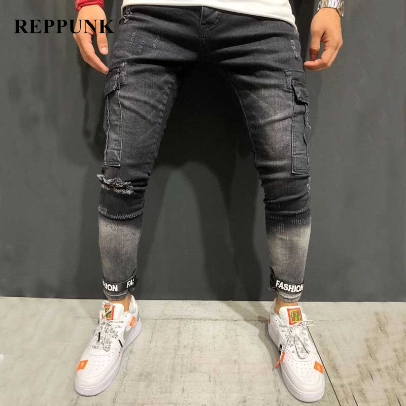 

Men Ripped Multi-pocket Letter printed Slim fit Jeans Trousers Male Streetwear Cotton Destruction Holes Casual Denim pants, Black