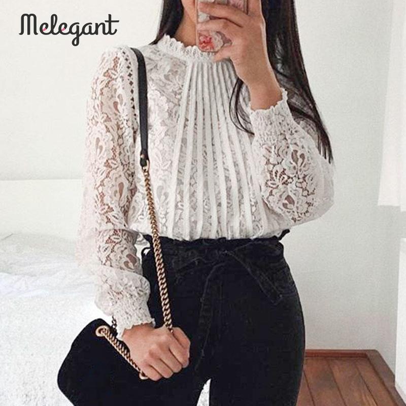 

Melegant Turtle Lace White Blouse Shirt Women Autumn Winter 2019 Vintage Ladies Blusas Mujer Shirts Sexy Short Plus Size Blouses
