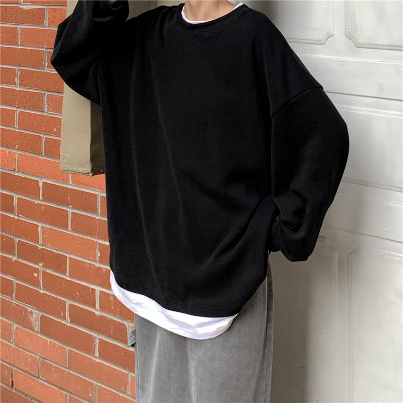 

Fake two-piece sweatshirts o-neck long sleeved shirts tops female loose bf Harajuku 2020 spring new Korean student pullover, Blue