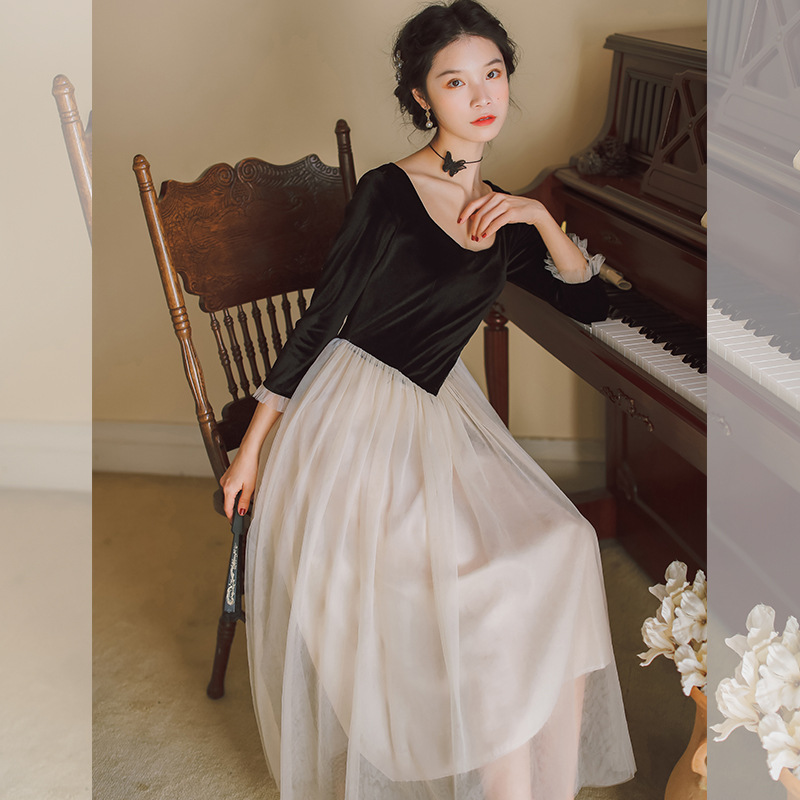 

2020 new fashion women' clothing Square Collar Vintage dress women, Black