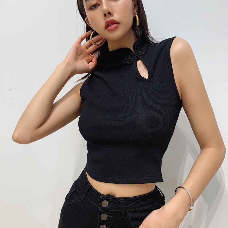 

Retro Cheongsam buckle Sexy Short vest Small stand-up collar bottom top, Color-2