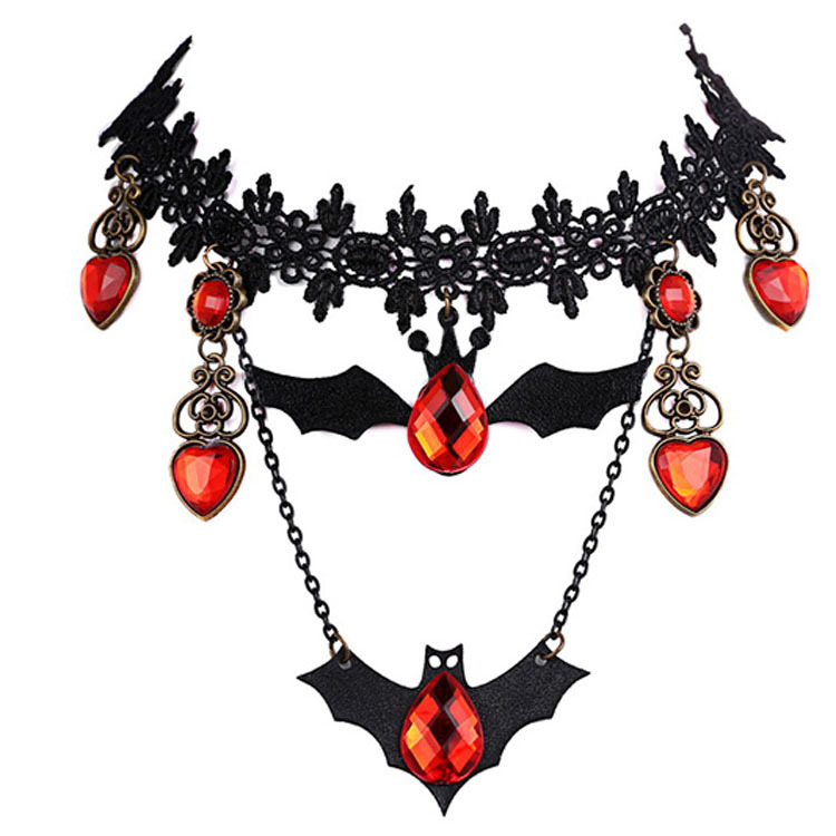 Gothic Barocco Collana Strass Collo Collier CATENA Halloween Nero Rosso