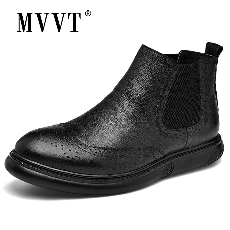 

Fashion Brogue Genuine Leather Boots Men Winter Boots With Fur Size 46 Quality Leather Men Winter Footwear, Black