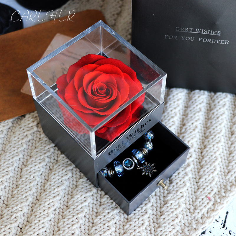 

Birthday Presents Valentines Day Gift Women Rose Jewelry Box For Wedding Marry Dried Flower Real Flowers Eternal Roses In Box, 08