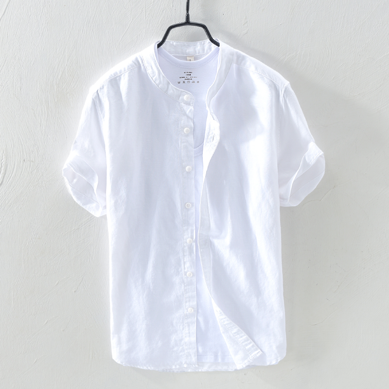 

2018 Cotton and linen stand collar shirt men short sleeve white shirts male brand fashion solid shirt male chemise camisa, Navy blue