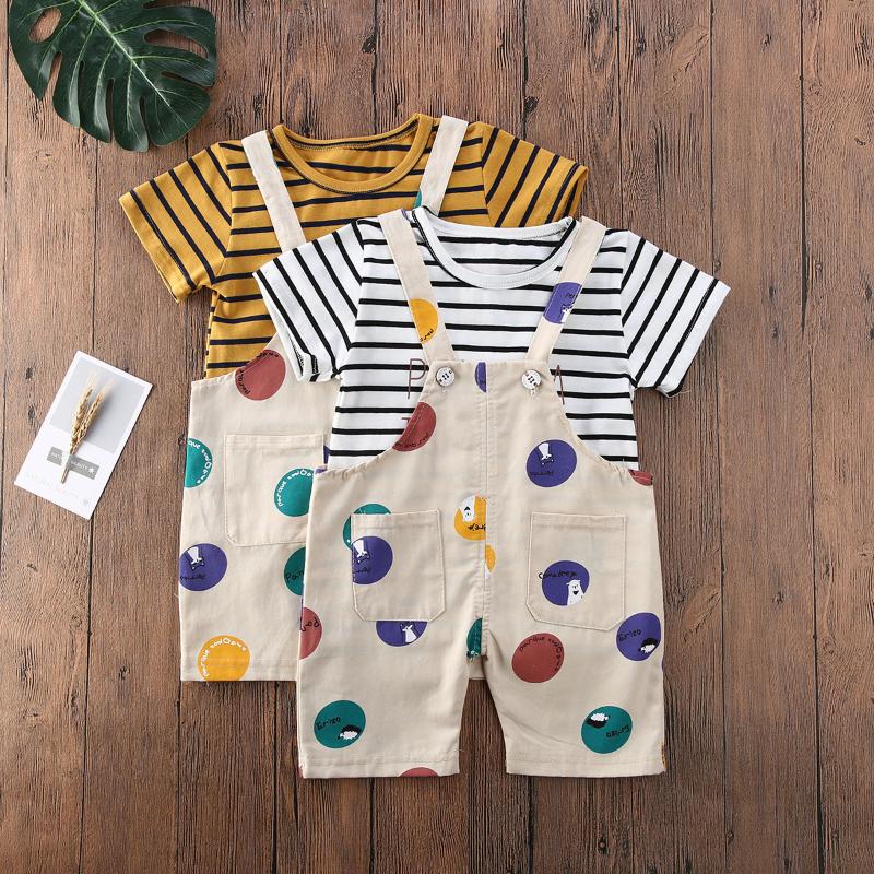 

Toddler Kids Infant Baby Boy Clothes Set Summer Short Sleeve Striped Top T-shirt Strap Bib Shorts Clothing Cotton Outfit, White