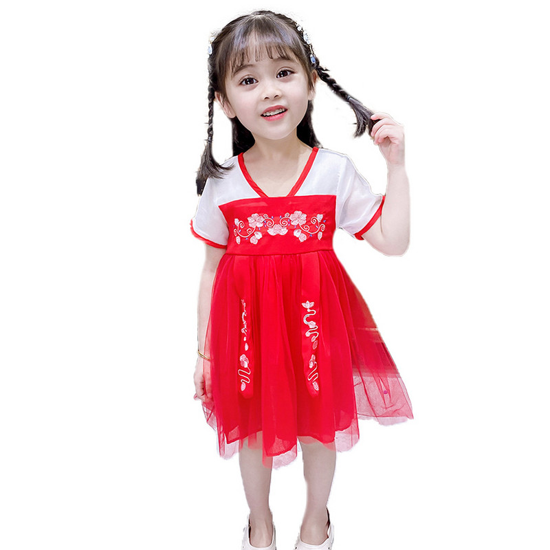 

Children Traditional Flower Embroidery Mesh Patchwork Short Sleeve Dress Han-style Clothes Color Block Costume with Ribbon