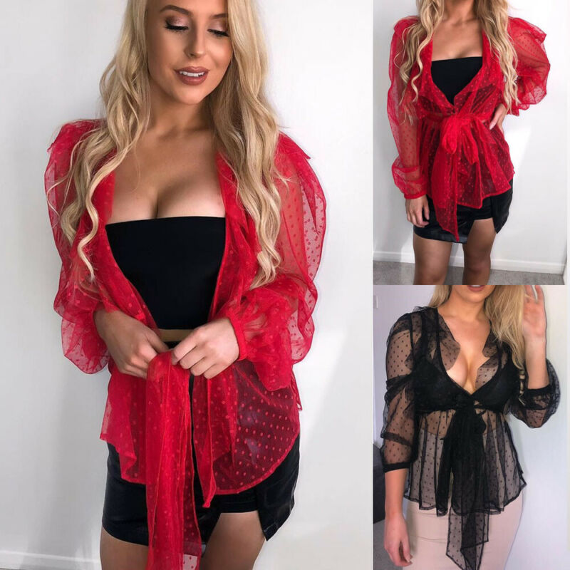 

Women Polka Dot Puff Sleeve Sheer Mesh Spots Wrap Tops Blouse Beach Swim Cover up