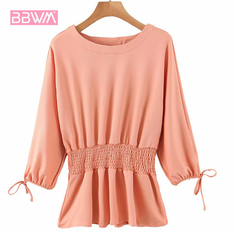 

Round Neck Long Sleeve Candy-colored Waist Female Shirt Korean Chic Elegant Summer Women' Tops, Pink