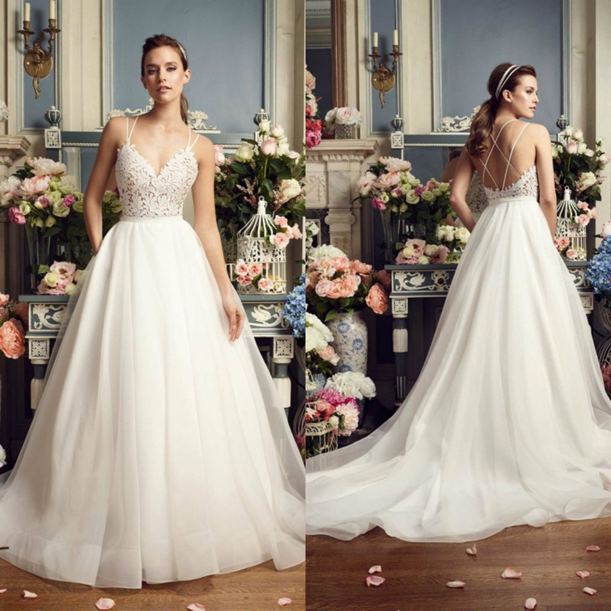 

Elegant Wedding Dresses Spaghetti Straps Sleeveless Lace Appliques Beach Bridal Gowns 2020 Backless Sweep Train A Line Wedding Dress, Gold