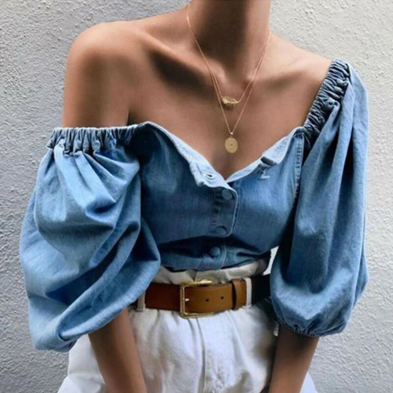 

2020 Fashion Women Off Shoulder Puff Sleeve Denim Rerto Blouses Tops Casual Loose Summer Female Vintage Shirts Blouse Plus Size, Blue
