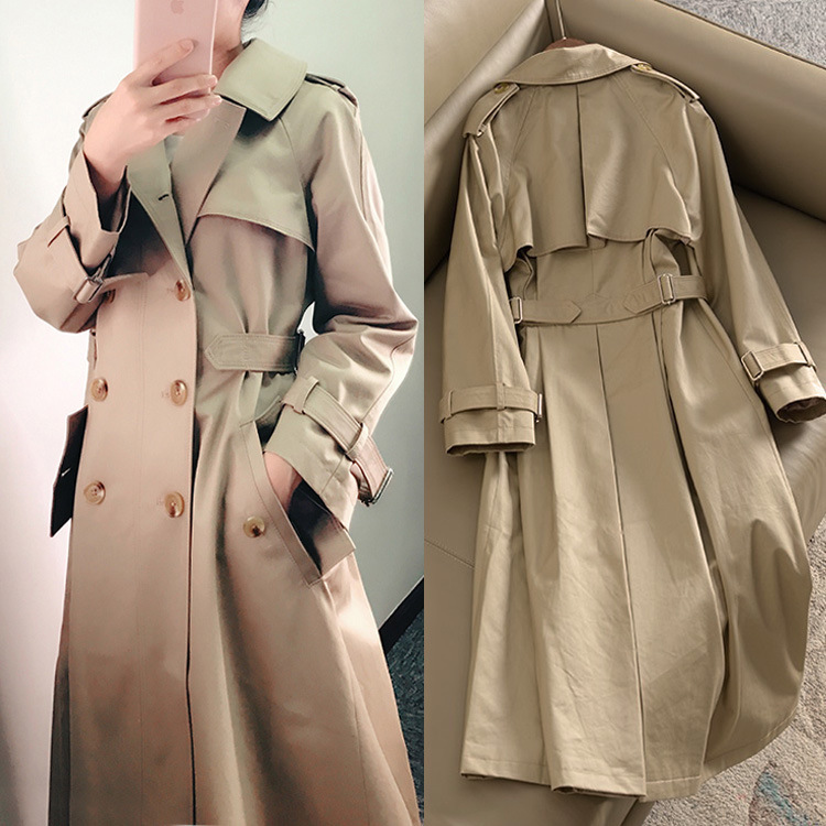 

period and the new han edition female double-breasted loose waist the spring and autumn period knee-length coat, Khaki