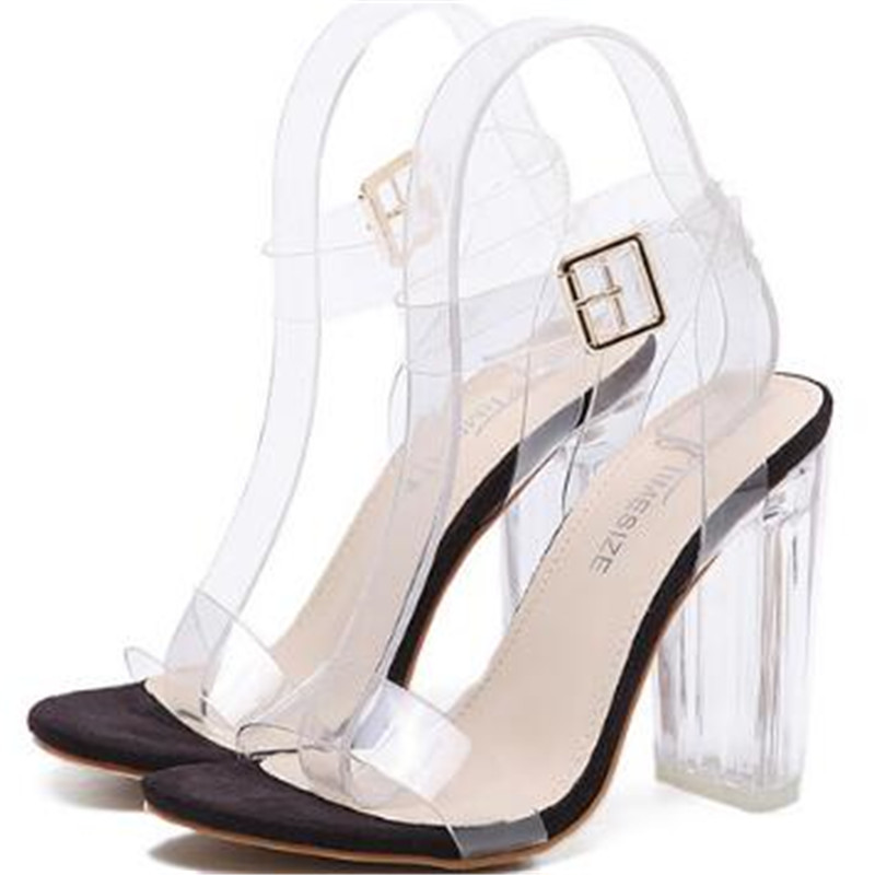 

Women Sandals Ankle Strap Perspex High Heels PVC Clear Crystal Concise Classic Buckle Strap High Quality Shoes size35-42, Beige