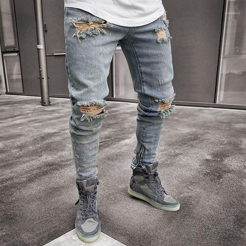 Designer Jeans Mens Clothing Draped Slim Fit Holes Zipper Pencil Pants Hombes Pantalones Denim Blue Ripped